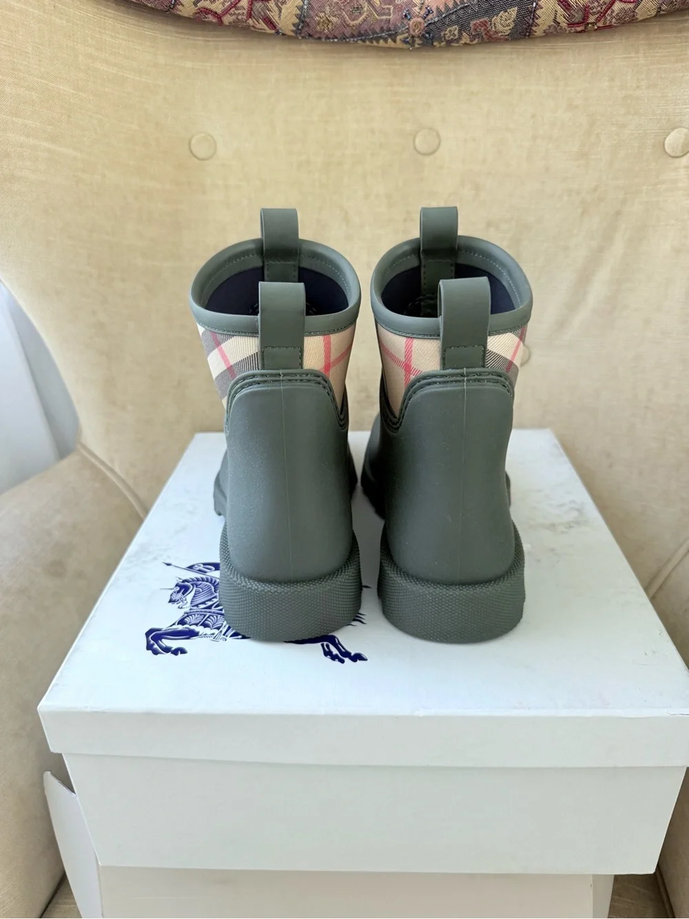Burberry Olive Green Short Rain Boots with Signature Check Trim